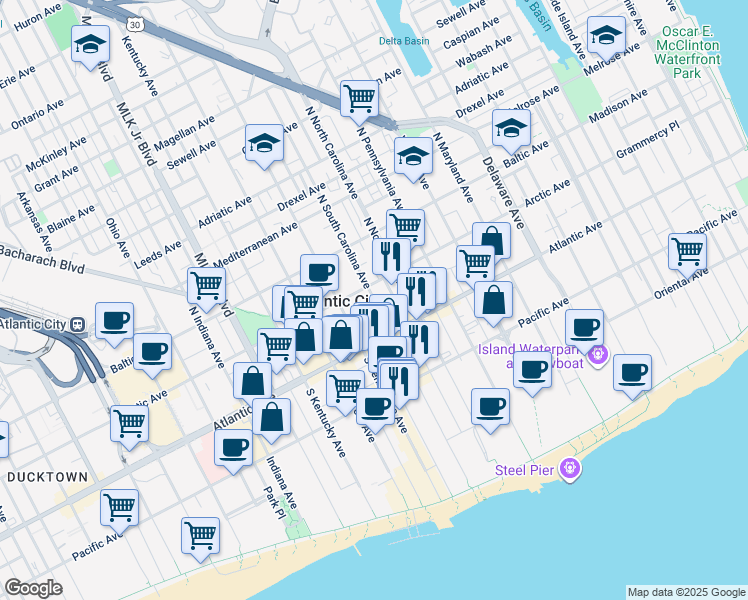 map of restaurants, bars, coffee shops, grocery stores, and more near 66 North South Carolina Avenue in Atlantic City