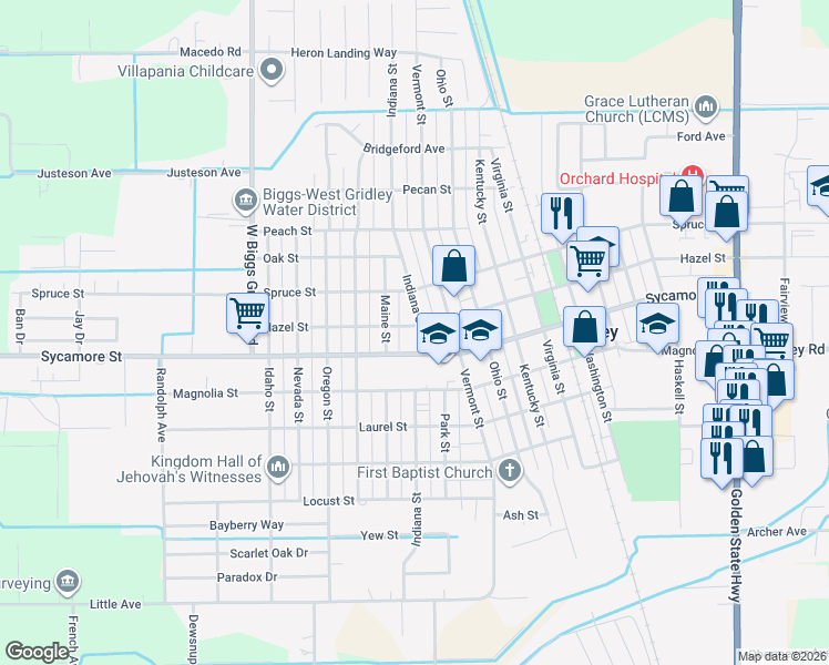 map of restaurants, bars, coffee shops, grocery stores, and more near 1315 Hazel Street in Gridley