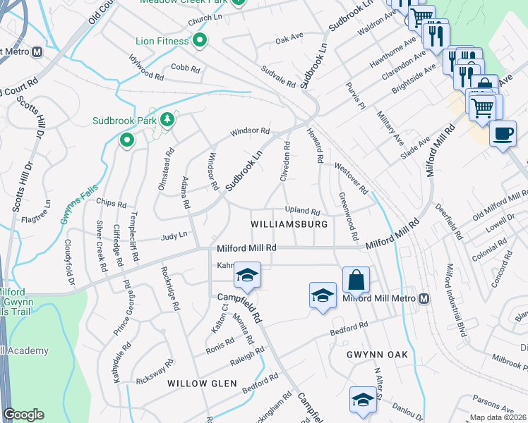 map of restaurants, bars, coffee shops, grocery stores, and more near 4 Upland Rd in Baltimore