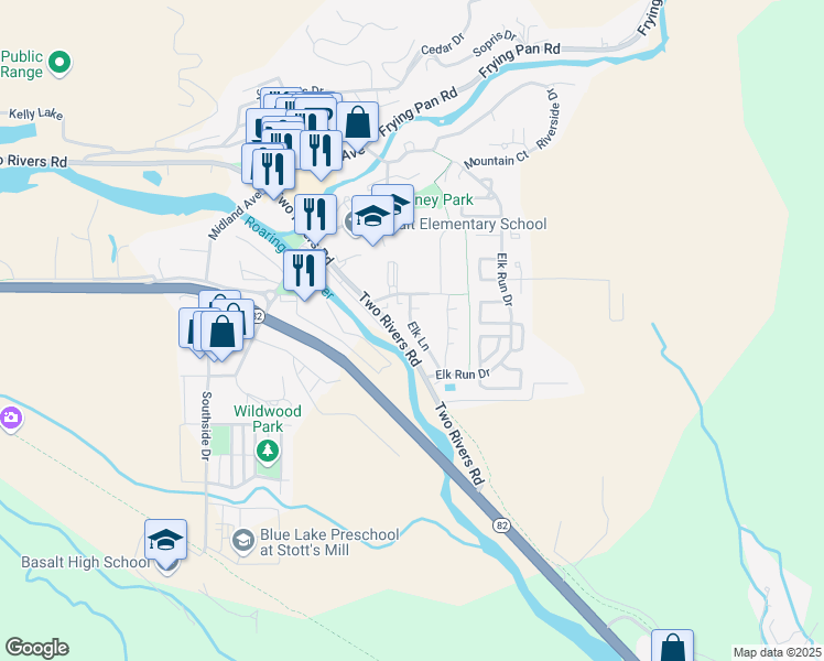 map of restaurants, bars, coffee shops, grocery stores, and more near 6205 Elk Lane in Basalt