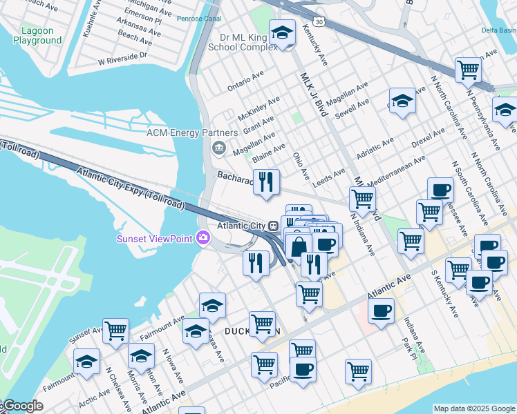 map of restaurants, bars, coffee shops, grocery stores, and more near 1 Convention Boulevard in Atlantic City