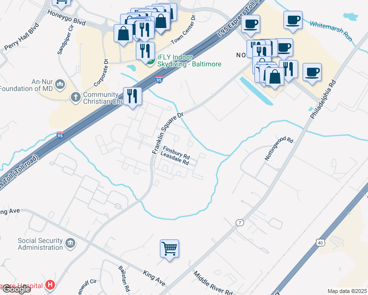 map of restaurants, bars, coffee shops, grocery stores, and more near 5327 Abbeywood Court in Rosedale