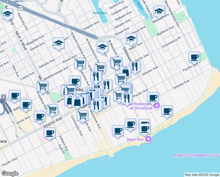 map of restaurants, bars, coffee shops, grocery stores, and more near 30 North Pennsylvania Avenue in Atlantic City
