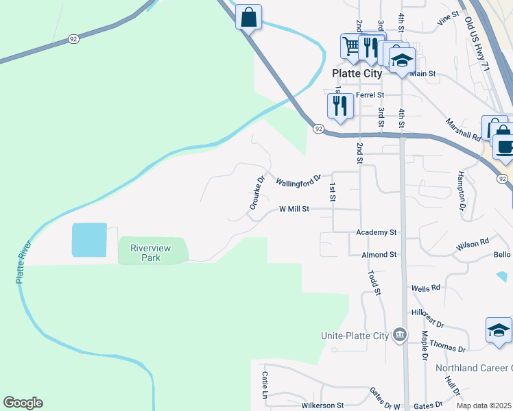 map of restaurants, bars, coffee shops, grocery stores, and more near 11 Atchison Court in Platte City
