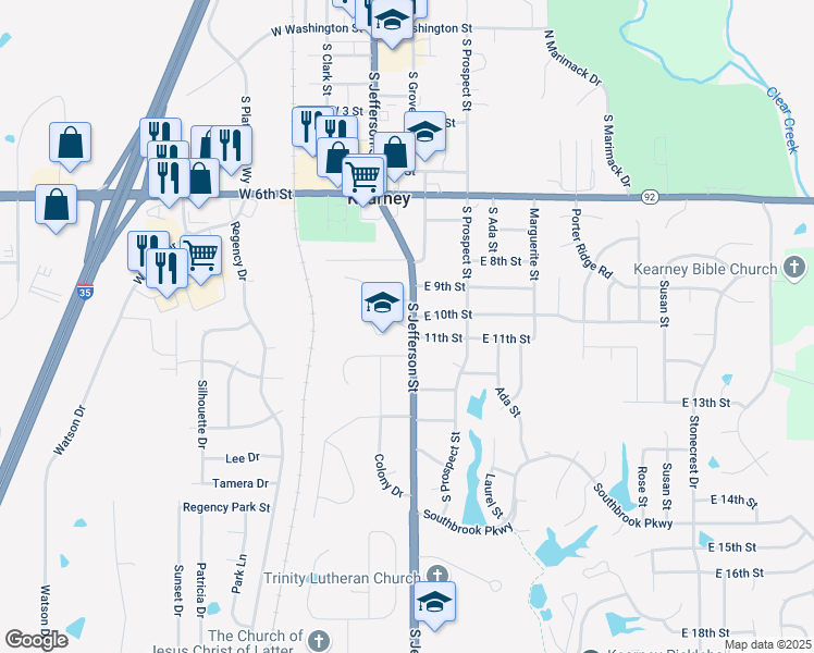 map of restaurants, bars, coffee shops, grocery stores, and more near in Kearney