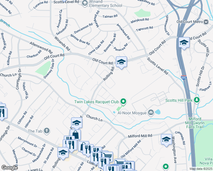 map of restaurants, bars, coffee shops, grocery stores, and more near 4619 Horizon Circle in Pikesville