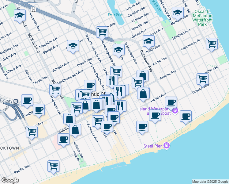 map of restaurants, bars, coffee shops, grocery stores, and more near 1201 Bacharach Boulevard in Atlantic City