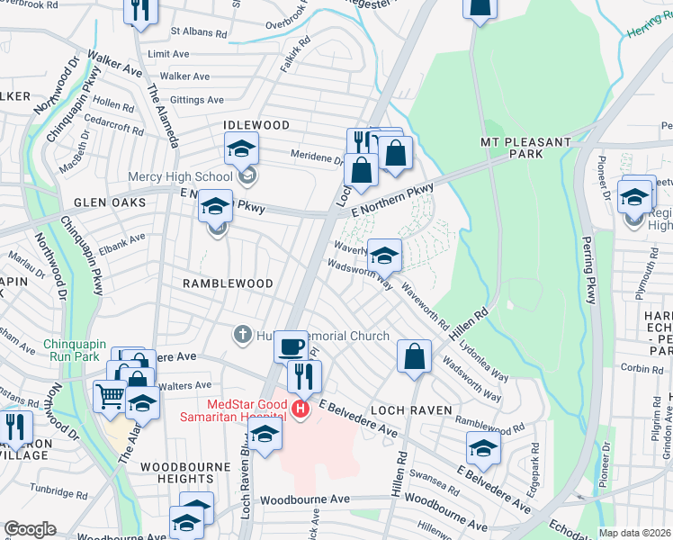 map of restaurants, bars, coffee shops, grocery stores, and more near 5913 Wakehurst Way in Baltimore