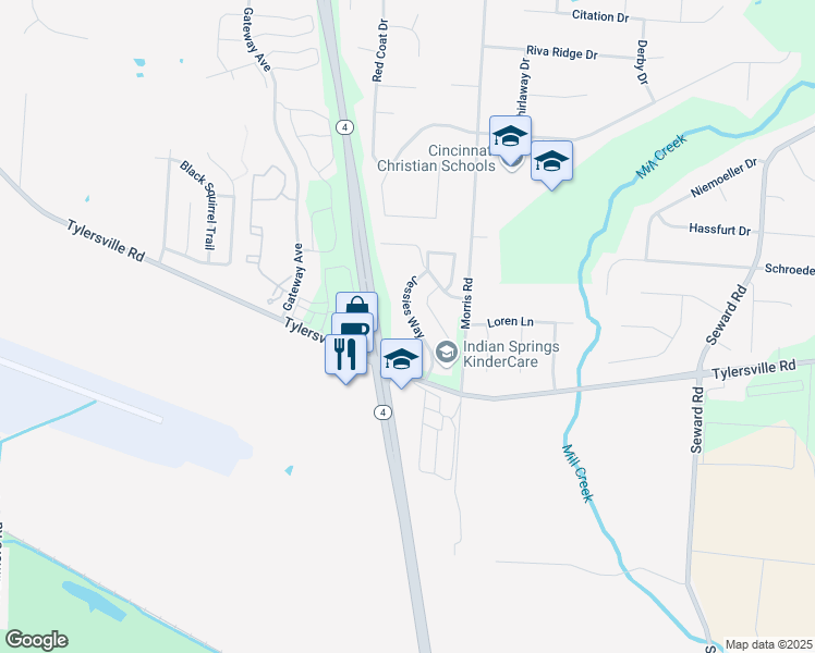 map of restaurants, bars, coffee shops, grocery stores, and more near 7908 Jessies Way in Hamilton