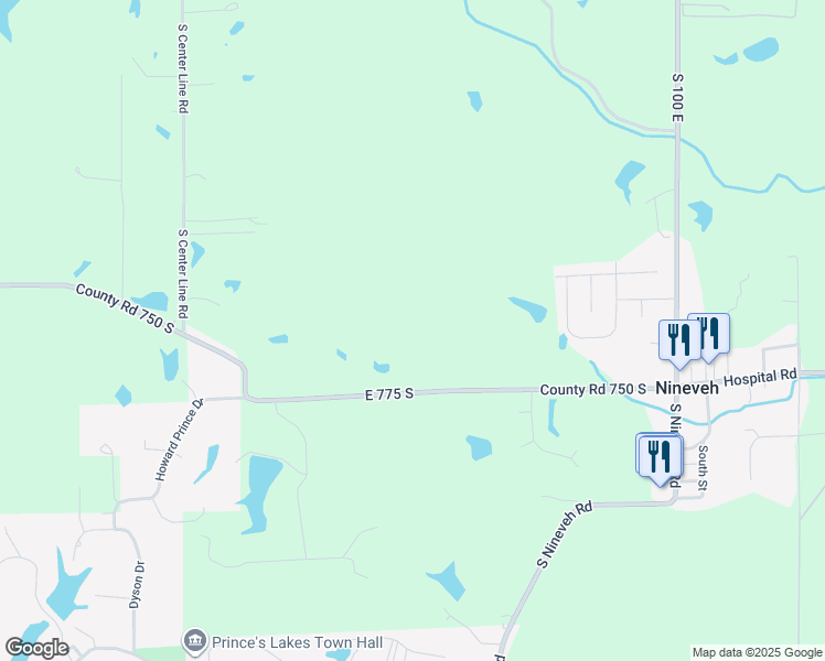 map of restaurants, bars, coffee shops, grocery stores, and more near 512 County Road 775 South in Nineveh