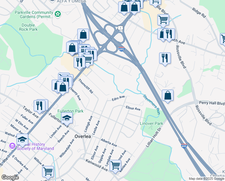 map of restaurants, bars, coffee shops, grocery stores, and more near 4300 Cardwell Avenue in Baltimore