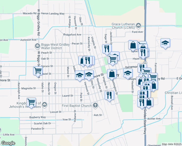 map of restaurants, bars, coffee shops, grocery stores, and more near 1012 Hazel Street in Gridley
