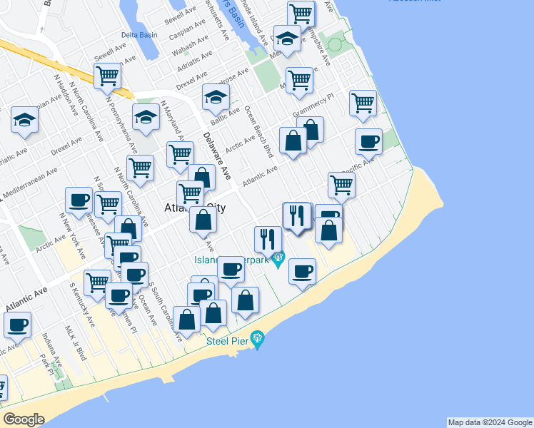 map of restaurants, bars, coffee shops, grocery stores, and more near 600 Atlantic Avenue in Atlantic City