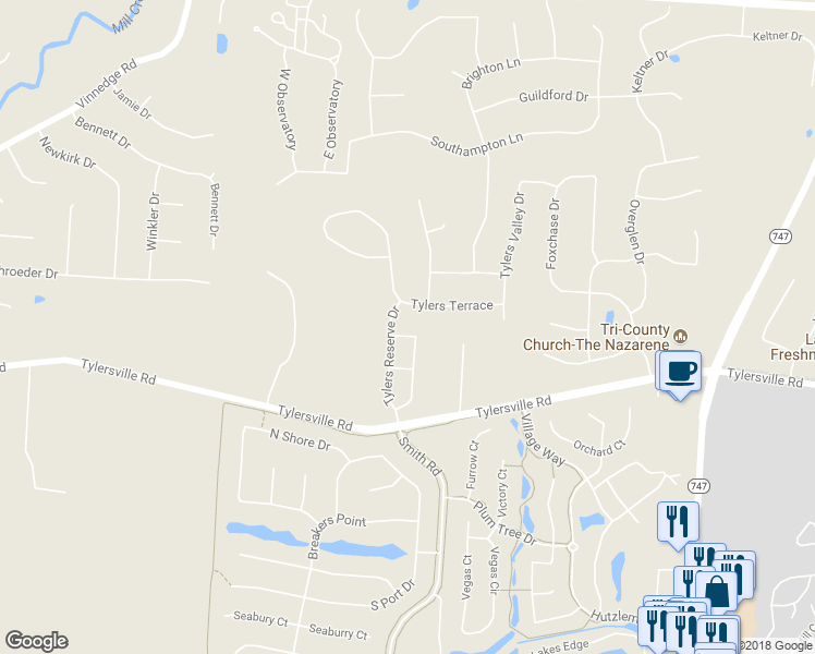 map of restaurants, bars, coffee shops, grocery stores, and more near 7686 Tylers Meadow Drive in Butler County