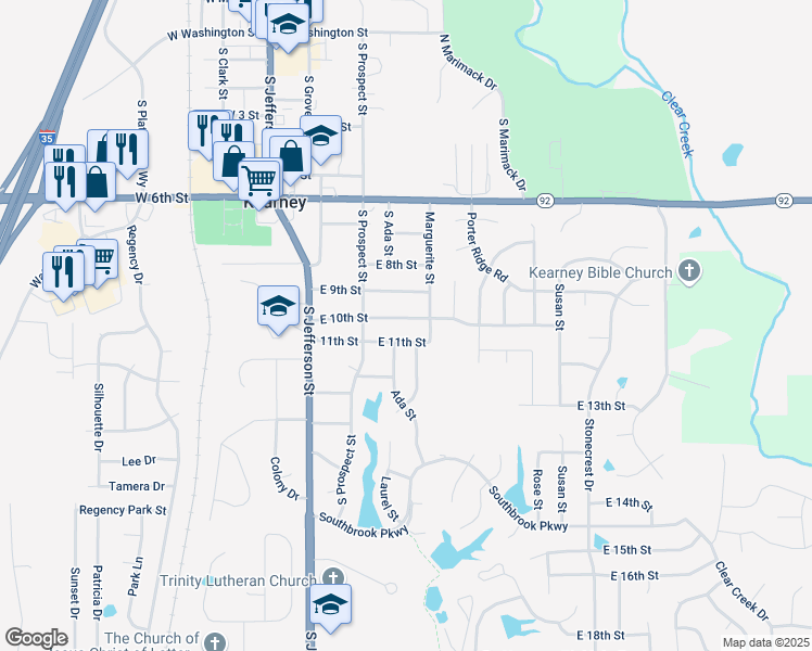 map of restaurants, bars, coffee shops, grocery stores, and more near 400 East 10th Street in Kearney