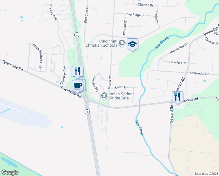 map of restaurants, bars, coffee shops, grocery stores, and more near Morris Road in Fairfield
