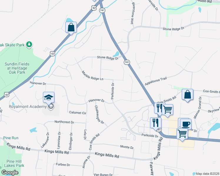 map of restaurants, bars, coffee shops, grocery stores, and more near 3927 Marble Ridge Lane in Mason