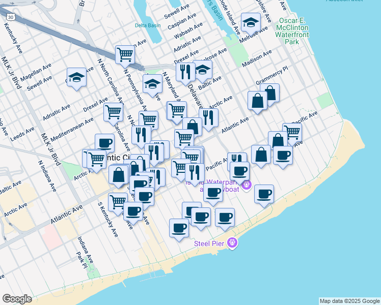 map of restaurants, bars, coffee shops, grocery stores, and more near 35 South Virginia Avenue in Atlantic City