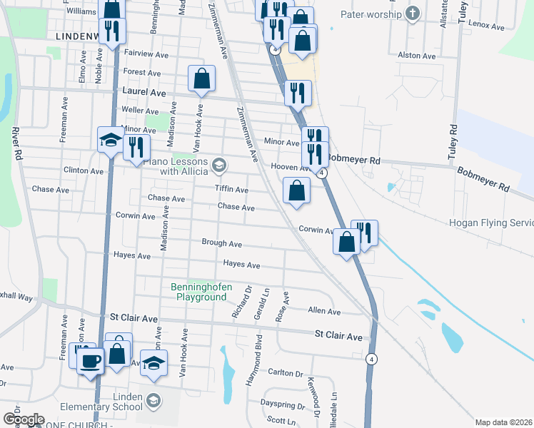 map of restaurants, bars, coffee shops, grocery stores, and more near 1116 Chase Avenue in Hamilton