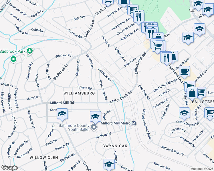 map of restaurants, bars, coffee shops, grocery stores, and more near 306 Upland Road in Pikesville