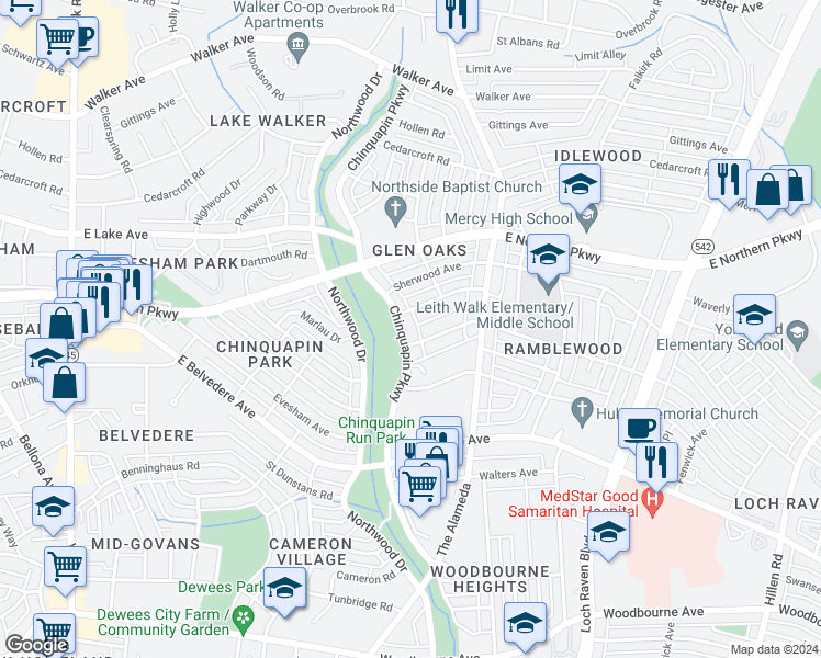 map of restaurants, bars, coffee shops, grocery stores, and more near 5911 Chinquapin Parkway in Baltimore