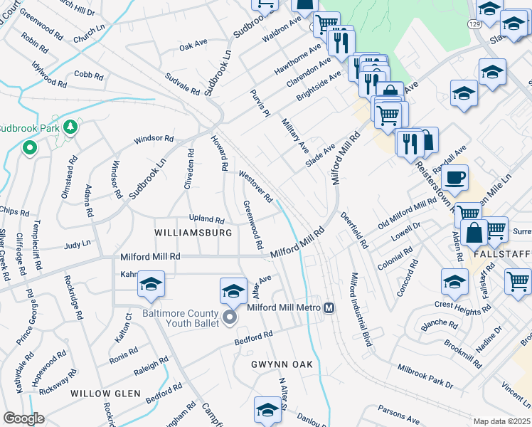 map of restaurants, bars, coffee shops, grocery stores, and more near 306 Upland Road in Pikesville
