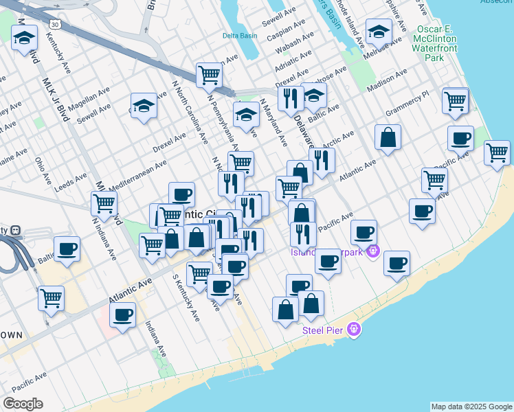 map of restaurants, bars, coffee shops, grocery stores, and more near 30 North Pennsylvania Avenue in Atlantic City