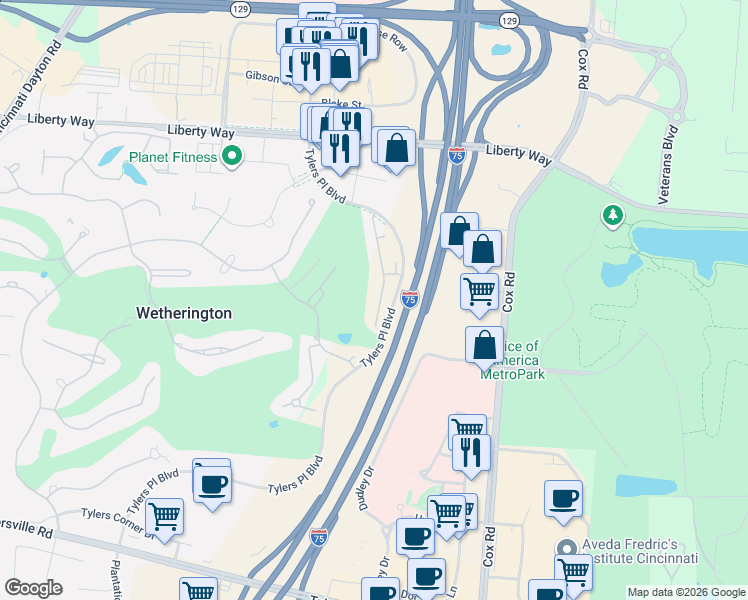 map of restaurants, bars, coffee shops, grocery stores, and more near 7331 Chatham Court in Butler County