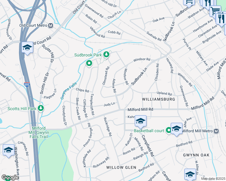 map of restaurants, bars, coffee shops, grocery stores, and more near 701 Carysbrook Road in Pikesville