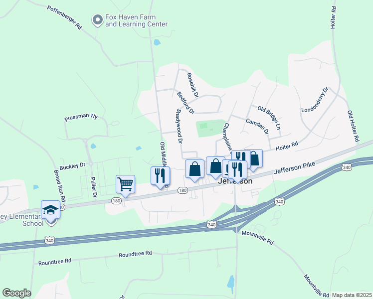 map of restaurants, bars, coffee shops, grocery stores, and more near 3855 Shadywood Drive in Jefferson