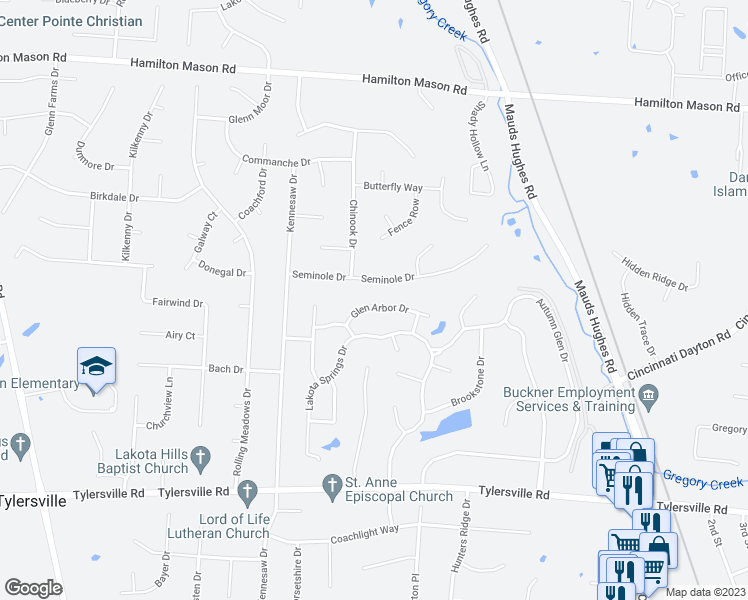 map of restaurants, bars, coffee shops, grocery stores, and more near 6522 Glen Arbor Drive in Butler County
