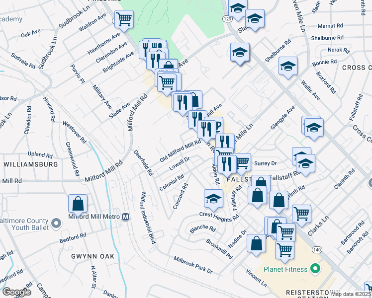 map of restaurants, bars, coffee shops, grocery stores, and more near 4115 Old Milford Mill Road in Baltimore
