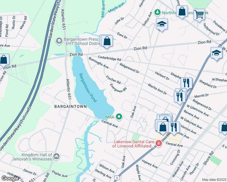 map of restaurants, bars, coffee shops, grocery stores, and more near 1 Mill Lane in Linwood