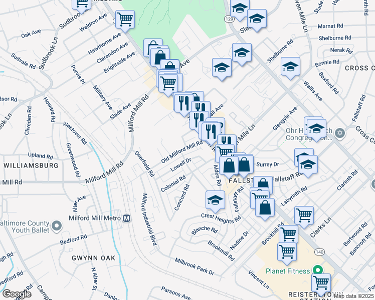 map of restaurants, bars, coffee shops, grocery stores, and more near 4115 Old Milford Mill Road in Baltimore