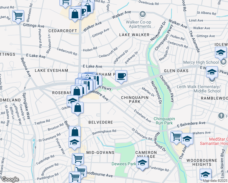 map of restaurants, bars, coffee shops, grocery stores, and more near 718 Evesham Avenue in Baltimore