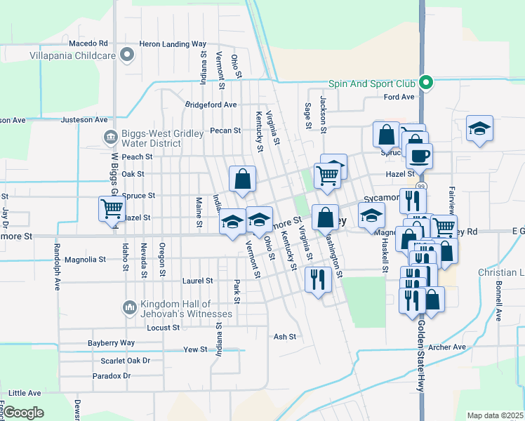 map of restaurants, bars, coffee shops, grocery stores, and more near 999 Hazel Street in Gridley