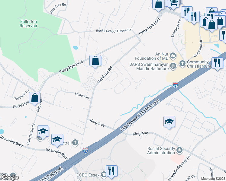 map of restaurants, bars, coffee shops, grocery stores, and more near 5086 Springhouse Circle in Rosedale