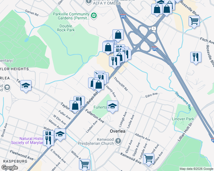 map of restaurants, bars, coffee shops, grocery stores, and more near 7537 Belair Road in Nottingham