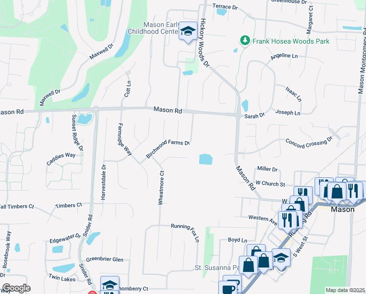 map of restaurants, bars, coffee shops, grocery stores, and more near 5116 Birchwood Farms Drive in Mason