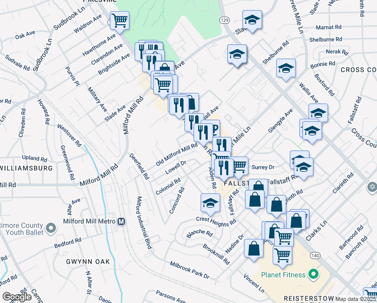map of restaurants, bars, coffee shops, grocery stores, and more near 4109 Old Milford Mill Road in Pikesville