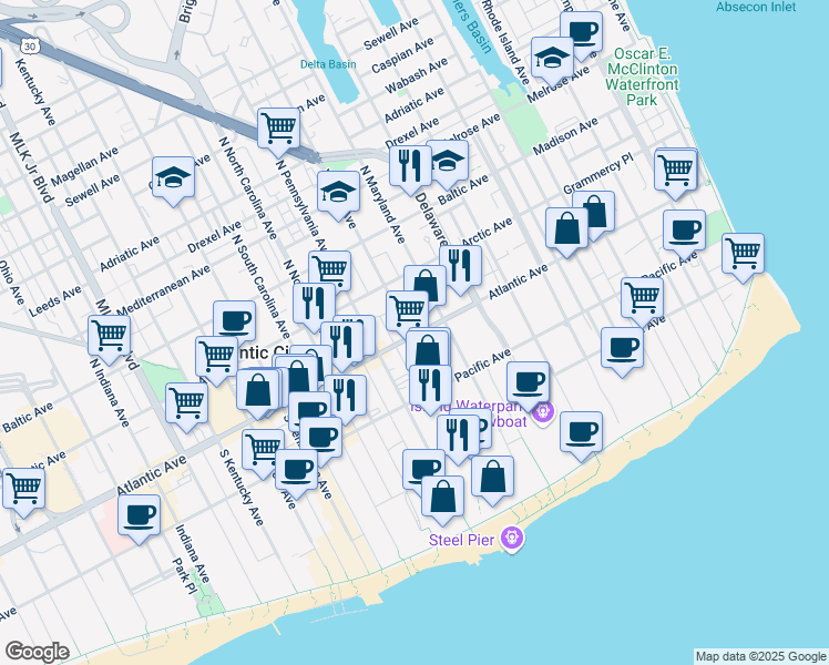 map of restaurants, bars, coffee shops, grocery stores, and more near in Atlantic City