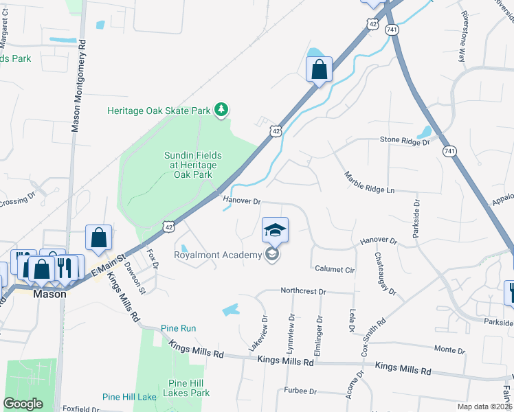 map of restaurants, bars, coffee shops, grocery stores, and more near 5049 Mason Hill Court in Mason