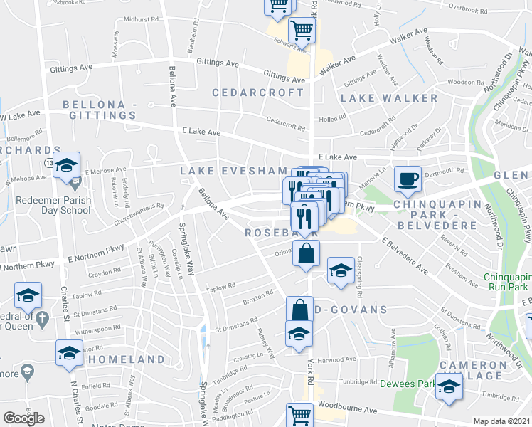 map of restaurants, bars, coffee shops, grocery stores, and more near 348 East Belvedere Avenue in Baltimore