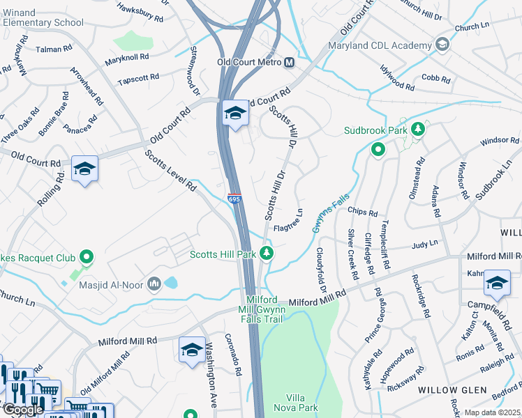 map of restaurants, bars, coffee shops, grocery stores, and more near 1002 Parkvalley Road in Pikesville