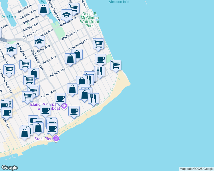 map of restaurants, bars, coffee shops, grocery stores, and more near 211 South Vermont Avenue in Atlantic City