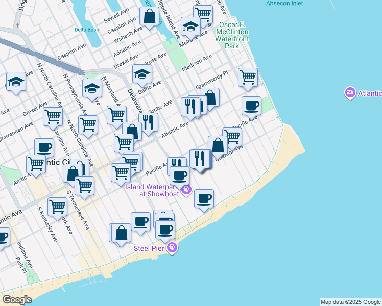 map of restaurants, bars, coffee shops, grocery stores, and more near 600 Atlantic Avenue in Atlantic City