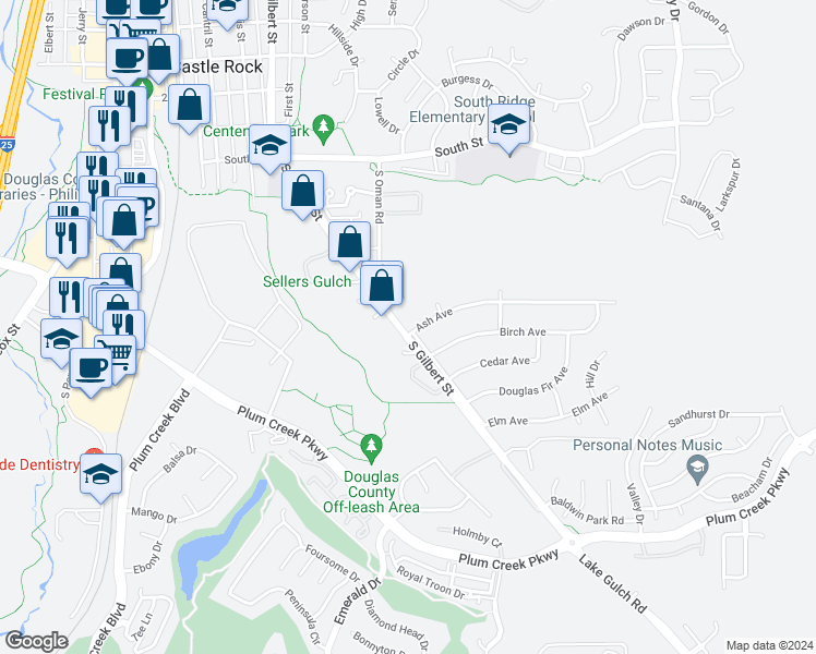 map of restaurants, bars, coffee shops, grocery stores, and more near 101 Ash Avenue in Castle Rock
