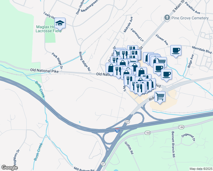 map of restaurants, bars, coffee shops, grocery stores, and more near 1602 Rising Ridge Road in Mount Airy