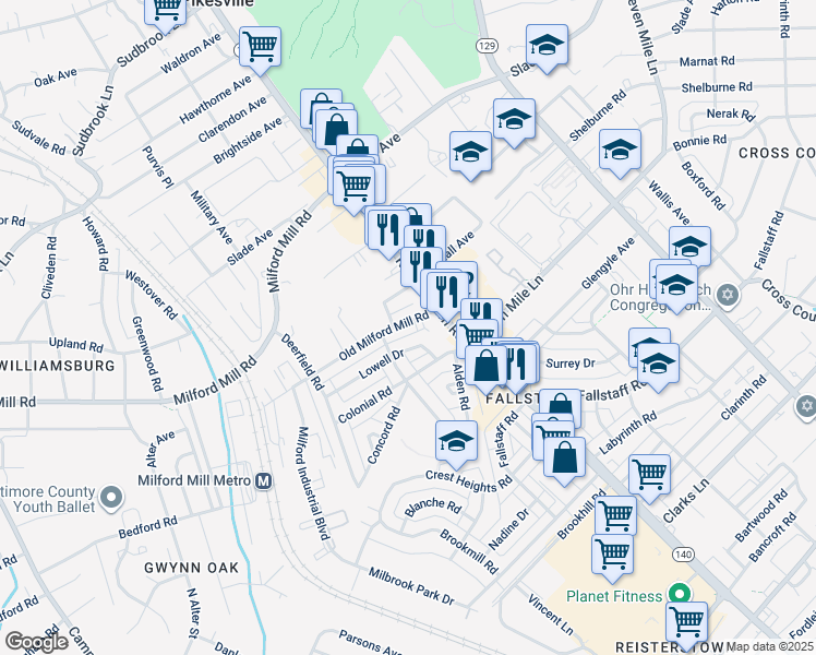 map of restaurants, bars, coffee shops, grocery stores, and more near 4109 Old Milford Mill Road in Pikesville