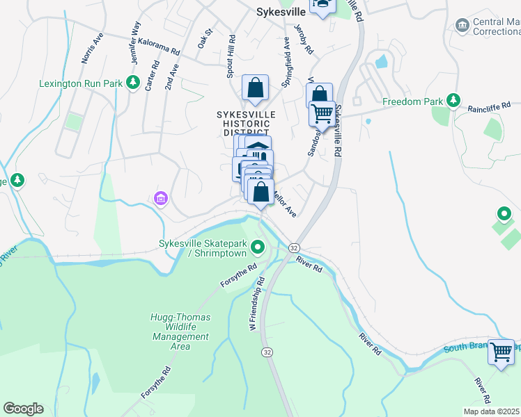 map of restaurants, bars, coffee shops, grocery stores, and more near 7540 West Main Street in Sykesville